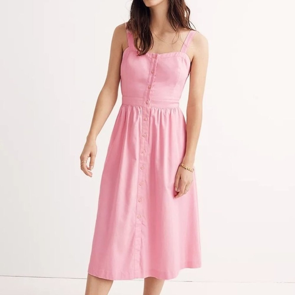 Madewell Pink Fleur BowBack Sleeveless Button Up Pocket Midi Summer Dress | Sz 4